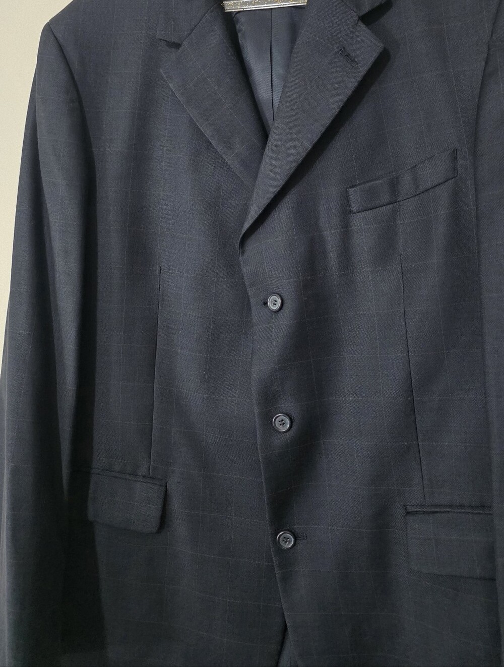 Andrew Fezza Grid Check Navy Blue Blazer 100% Wool Old Money Classic Office 46L